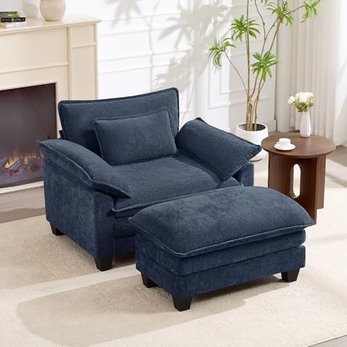 Oversized Accent Chair with Ottoman Set of 2,44"Chenille Cloud Sofa Chair with Deep Seat,Upholstered Armchair with Extra Thick,Modern Comfy Reading Chairs for Living Room Bedroom Apartment Blue