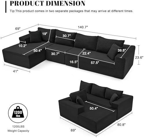 Mangodan 140” Cloud Sectional Couch, Modular Sectional Sofa with Deep Seat, Boneless Sofa for Living Room, Fluffy Comfy L-Shaped Couch with Left Facing Chaise, No Assembly Required, Black