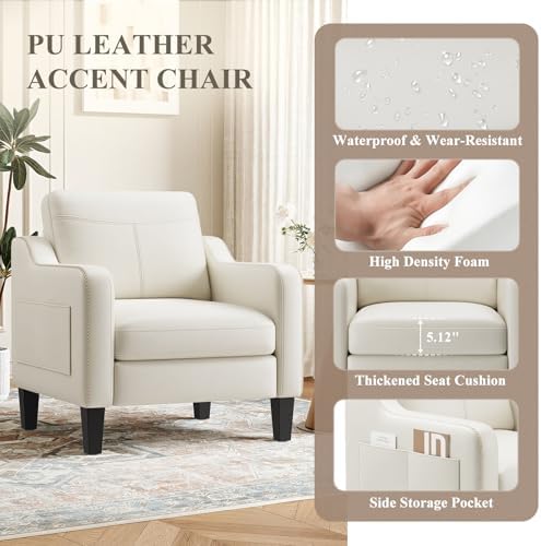MALOL PU Leather Accent Chair Set of 2, Mid-Century Modern Living Room Armchair Sofa with Removable Cushions, Solid Wood Frame & Stitched Armrest Design, Bedroom Chair with Plastic Legs, Beige