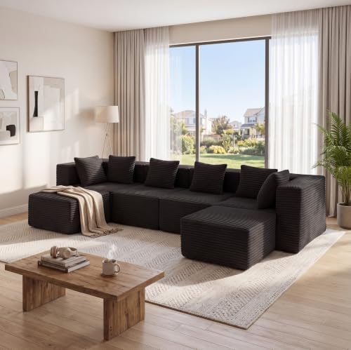 130-Inch Oversized U-Shaped 6 PCS Modular Cloud Couch Boneless Corner Sectional Couch W/Ottomans, Compression Boneless Corner Sofa Plush Corduroy Sectional Sofa for Living Room