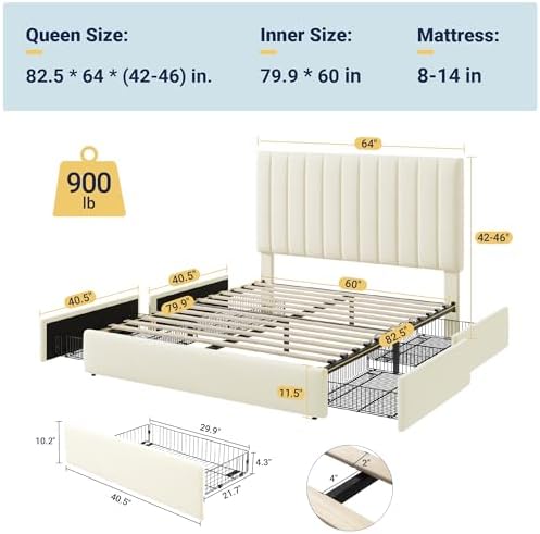 Allewie Queen Size Storage Bed Frame, Vertical Channel Tufted Adjustable Headboard, Velvet Upholstered Platform Bed with 4 Oversized Underbed Drawers, Wooden Slats Support, No Box Spring Needed, Cream