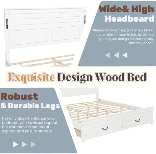 King Bed Frame with 46" Tall Headboard, Farmhouse Solid Wood King Size Platform Bed with 2 Storage Drawers,LED Lights & USB Charging Station,No Box Spring Needed, White