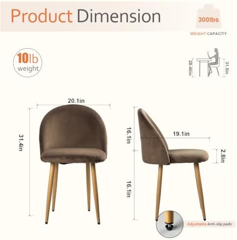 Big Dining Room Chairs Set of 2, Velvet Modern Kitchen Chairs with Metal Legs & Ergonomic Curved Backrest, Mid-Century Side Chairs Accent Chairs for Living Room, Apartment, Home Bar, Brown