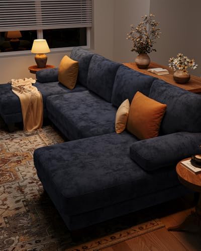 U-Shaped Sectional Couches for Living Room | 112 Inch Modern Sectional Couch | Chenille Sofa with Double Chaise for Apartment Dark Blue