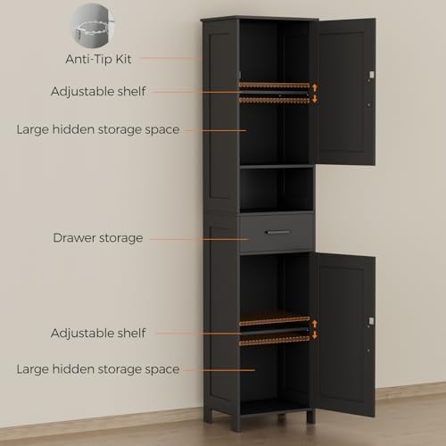 Homhedy 67" H Tall Bathroom Storage Cabinet with Barn Doors and Drawer | Narrow Storage Unit with Adjustable Shelves, Floor Cabinet for Bathroom, Living Room, Entryway or Kitchen, Black, 15.7" W