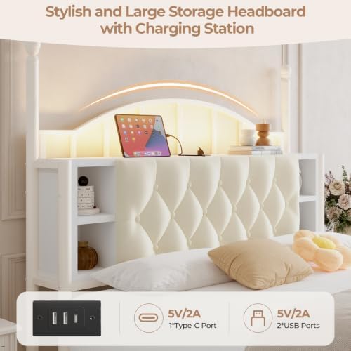 Full Size Upholstered LED Canopy Bed Frame with 2 Drawers and & Charging Station, Button Tufted Storage Headboard, Metal Platform Bed with 4 Removable Posts, No Box Spring Needed, White