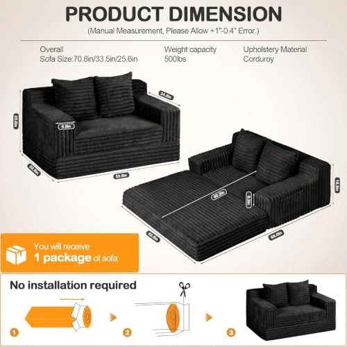 Erament Boneless Loveseat Convertible Sofa Bed, Folding Floor Futon Sleeper Sofa Couch Bed- Boneless Foldable Couch, Corduroy Pull Out Sofa Bed with 2 Pillows for Living Room & Bedroom
