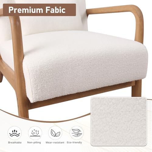 ANJ Mid Century Modern Accent Chair Set of 2, Single Boucle Lounge Reading Armchair with Solid Wood Frame, Easy Assembly Arm Chairs for Living Room, White