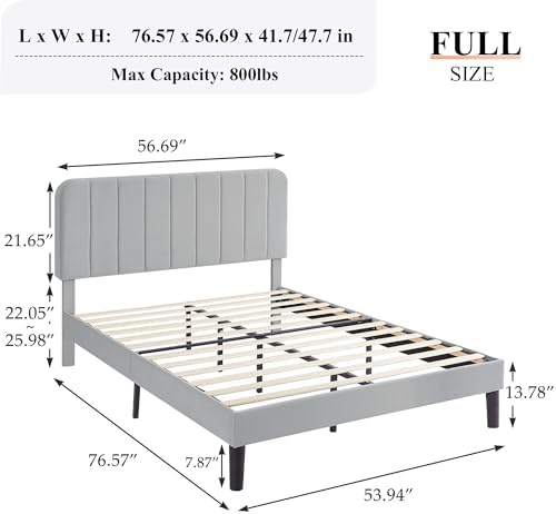VECELO Full Size Bed Frame with Upholstered Headboard, Velvet Platform Bedframe Mattress Foundation, Strong Wood Slat Support, No Box Spring Needed,Light Grey