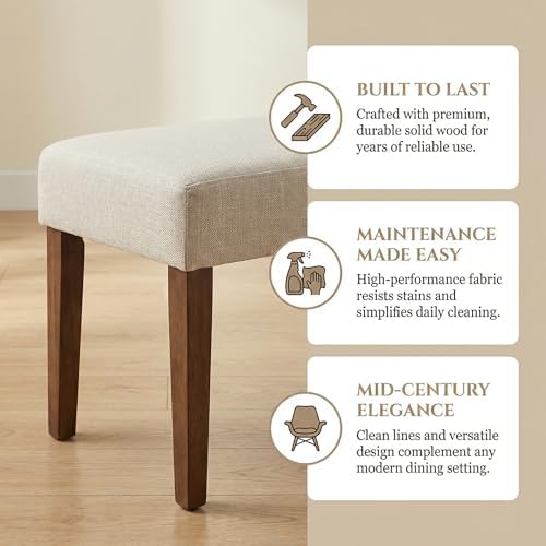 HNY Farmhouse Upholstered Dining Bench Seat, 45" Linen Entryway Bench with Natural Wood Legs, Mid Century Modern End of Bed Bench for Kitchen Bedroom Living Room Hallway, for 2-3 Person, Beige