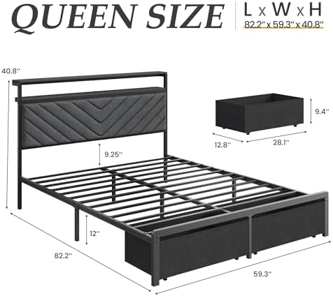 Fluest Queen Bed Frame with 2 Drawers, Upholstered Headboard with Storage and Charging Station, LED Lights, Fabric Drawers with Wheels, Under Bed Storage, No Box Spring Needed, Easy Assembly, Grey