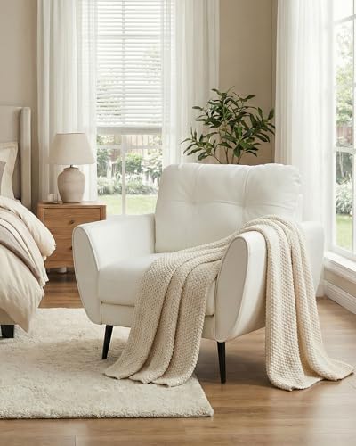 White Faux Leather Accent Chair, Tufted Armchair for Living Room and Office