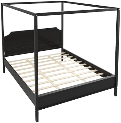 LUMISOL Queen Size Wood Canopy Platform Bed with Headboard, Vintage Four-Poster Platform Beds with Slat Support and Under-Bed Storage Space, 4 Corner Canopy Bed Post Frame, Black