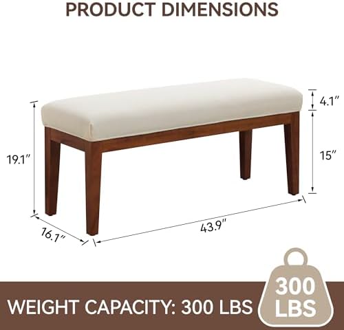 WUTUTUEE 43.5'' Linen Bedroom Bench, Upholstered End of Bed Bench, Padded Vintage Dining Bench, Entryway Bench with Solid Wood Legs, Kitchen, Living Room, Hallway, White