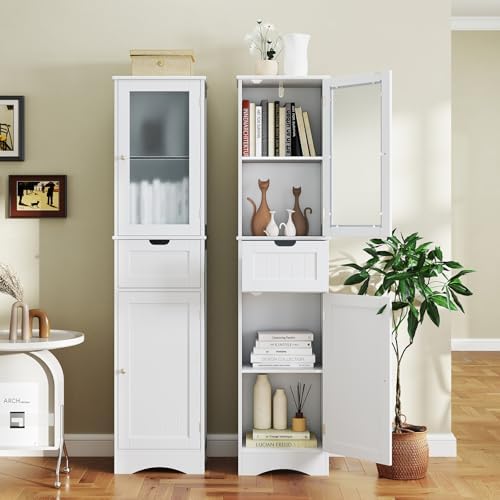 COSTWAY 67” Tall Bathroom Storage Cabinet, Freestanding Floor Cabinet with 2 Doors & 1 Drawer, 3-Level Adjustable Shelves, Narrow Slim Linen Tower for Bathroom, Living Room, Kitchen (White) | with 2 Doors & 1 Drawer, 3-Level Adjustable Shelves, Narrow ...