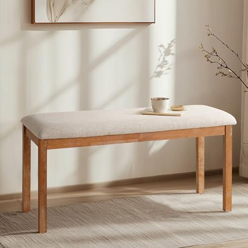 SIMTONAL French Country Dining Bench Wood, Vintage Farmhouse Bench, Fabric Upholstered Dining Chair, 1 Pieces, Light Oak