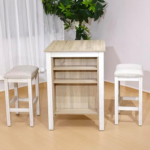 3-Piece Wooden Dining Table Set, Kitchen Island with Seating for 2, Kitchen Bar Table with Stools, Counter Height Dining Table Set, Weathered Birch & Antique White, Farmhouse Style