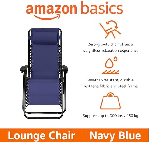 Amazon Basics Zero Gravity Lounge Chair with Pillow, Foldable Outdoor Reclining Chair for Patio and Beach, Weather-Resistant Textilene, 300 lb Capacity, 26", Navy Blue