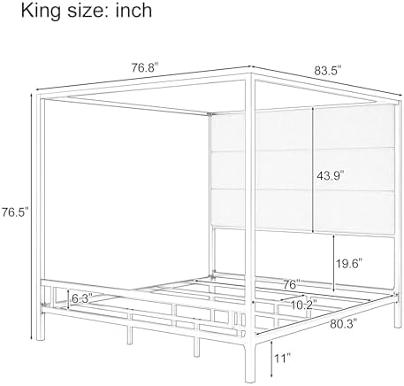 LUMISOL Canopy Bed Frame King Size Tall Upholstered Headboard, Black Grey
