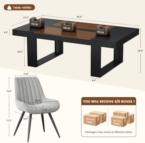 Miereirl 11-Piece Modern Farmhouse Dining Table Set, 86.6" x 47.2" Sturdy Stable Dining Table with 10 Chairs, Rectangular Kitchen Table Set for 10,(Black & Walnut Table+10 Grey Chairs)