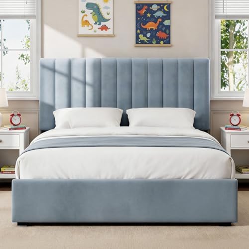 Welzona Full Size Velvet Upholstered Bed Frame with Tufted Headboard, Blue