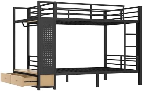 Bellemave Full Over Full Size Metal Bunk Bed with Storage Shelves and Drawers, Heavy Duty Bunk Beds with Clothes Hooks for Adults, Teens, Kids, Black