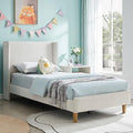 Twin Corduroy Upholstered Platform Bed with Headboard Wingback, Cream