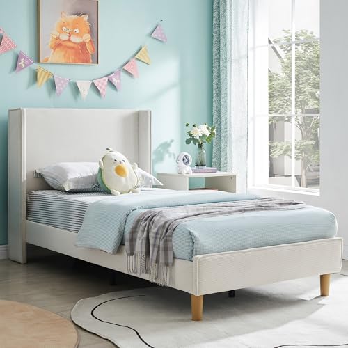 Twin Corduroy Upholstered Platform Bed with Headboard Wingback, Cream
