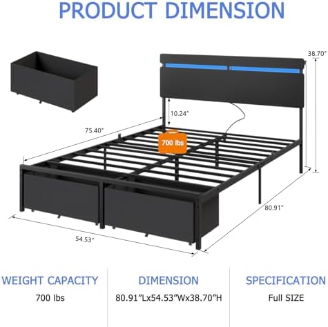 Forestell Full Size Bed Frame with Wood Headboard,2 Storage Drawers & Shelf