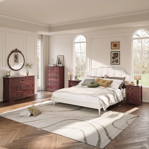 Farmhouse 6 Drawers Dresser Chests for Bedroom,Dark Cherry Red Wood Dresser