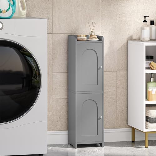 Hzuaneri Bathroom Storage Cabinet, Small Corner Floor Cabinet with 2 Doors | Narrow Toilet Paper Cabinets with Adjustable Shelf, Bathroom Organizer for Small Spaces, 7.9" D x 7.9" W x 29.5" H Gray