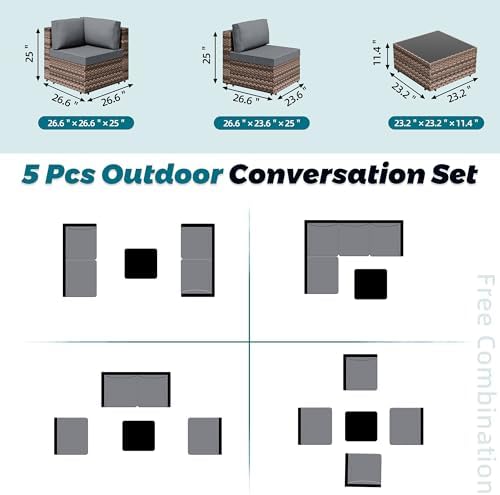 SUNLEI 8 PCS Patio Furniture Set with 45" 50000BTU Gas Propane Fire Pit Table, All Weather PE Wicker Rattan Patio Conversation Sofa with Coffee Table (Brown Rattan Grey, 5 Pcs)