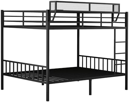 Queen Over Queen Metal Bunk Bed with Storage Shelf & USB Charging