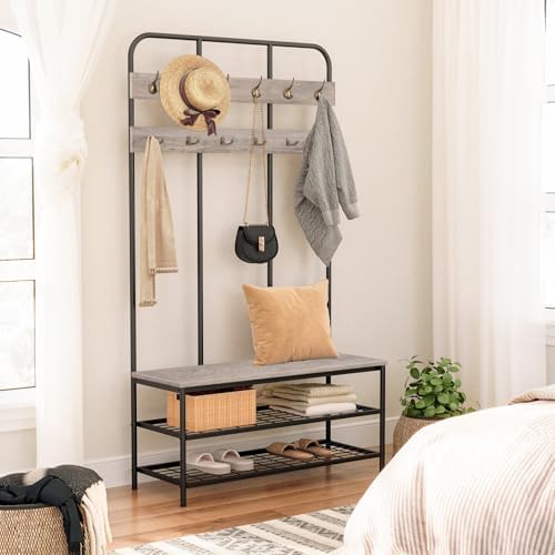 HOOBRO Hall Tree with Bench, Entryway Bench with Coat Rack, Mud Room Rack with 12 Double Hooks and Shoe Storage, Coat Tree, Shoe Organizer, for Foyer, Front Door, Greige and Black BG05MT01
