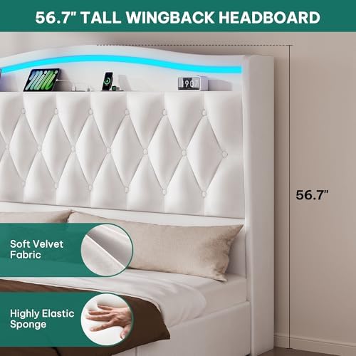 DWVO Queen Size Bed Frame with 4 Storage Drawers and RGB LED Lights, White