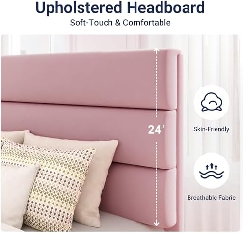 Allewie Twin Size Platform Bed Frame with Velvet Upholstered Headboard Pink