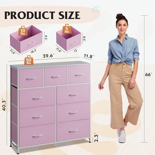 WLIVE 9 Drawer Dresser for Bedroom, Tall Chest of Drawers, A-Pink