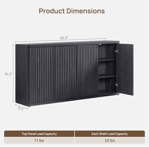 SICOTAS Buffet Cabinet with Storage Accent Sideboard with 4 Doors 66.3" Wide Fluted Credenza Modern Buffet Table Media Console Cabinet Entryway Cabinets for Living Room Kitchen Dining Room Hallway