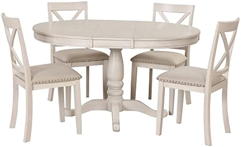 Harper & Bright Designs Modern Dining Table Set for 4,Round Table and 4 Kitchen Room Chairs,5 Piece Kitchen Table Set for Dining Room,Dinette,Breakfast Nook,Antique White