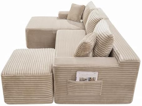95-Inch U-Shaped Left Facing Corner Compressed Sofa Modular Sectional Boneless Cloud Sofa Floor Foam Couch W/Chaise Lounge & Ottoman, Corduroy Corner Boneless Cloud Couch