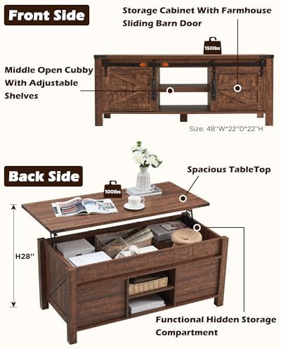 OKD 48" Farmhouse Lift Top Coffee Table Sliding Barn Door ReclaimedBarnwood