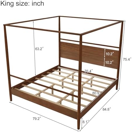 King Size Wood Canopy Bed Frame, Walnut Vintage Four-Posters Frames