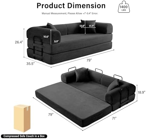 79" Convertible Sofa Bed, Boneless Sleeper Futon Couch for Living Room
