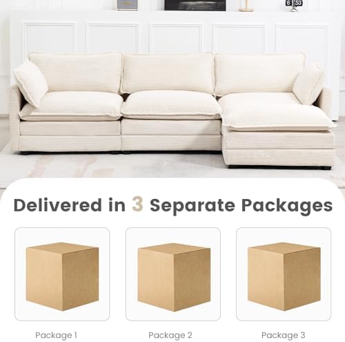 ROWHY 112'' Modular Sectional Cloud Couch with Movable Ottoman, 4 Seat Modern Corduroy Sofa, Deep Seat L Shaped Couch for Living Room Bedroom Apartment, Beige