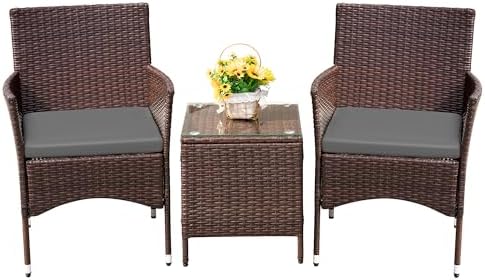 Devoko 3 Piece Patio Furniture Set Outdoor Wicker Conversation (Grey)