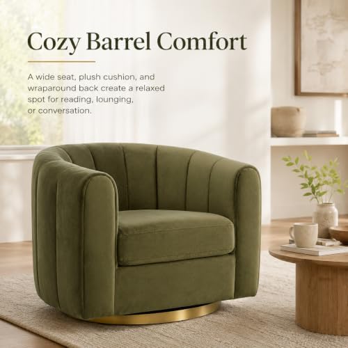 360° Swivel Accent Chair, Velvet Barrel Chair, Olive Green