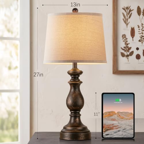 PARTPHONER Traditional Table Lamp Set of 2, Rustic Farmhouse Table Lamps for Living Room Bedroom, 27" Bedside Desk Lamps Vintage Nightstand Lamps with Linen Shades, Oil Rubbed Bronze