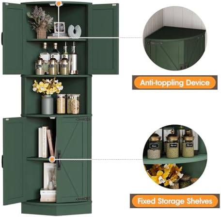 Vabches 64.8" Tall Farmhouse Corner Cabinet with 4 Doors and 5 Storage Shelves, Farmhouse Storage Cabinet with Barn Door Design, Home Space Saver for Living Room, Kitchen, Laundry Room,Green
