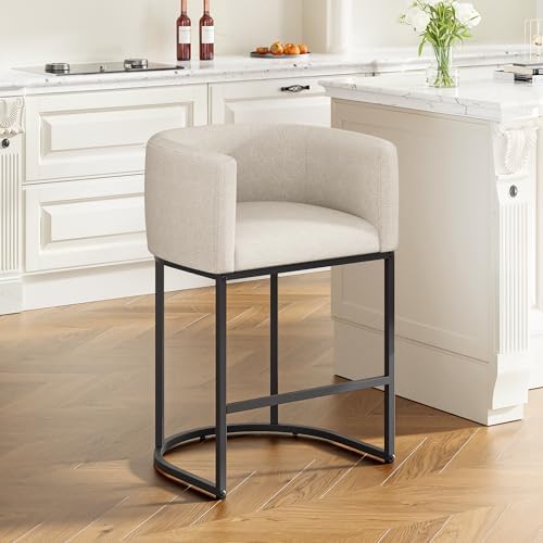 26" H Counter Height Bar Stools Set of 1, Modern Barrel Counter Stools with Backrest and Arms, Linen Fabric Upholstered Accent Barstools for Kitchen Island,Support 450 LBS (Beige)