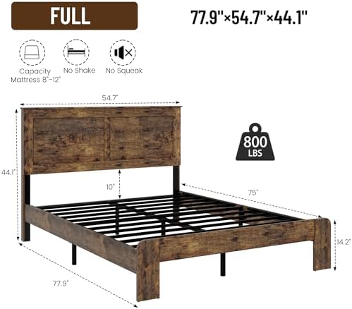 Full Size Farmhouse Wood Bed Frame with Panel Headboard, Brown